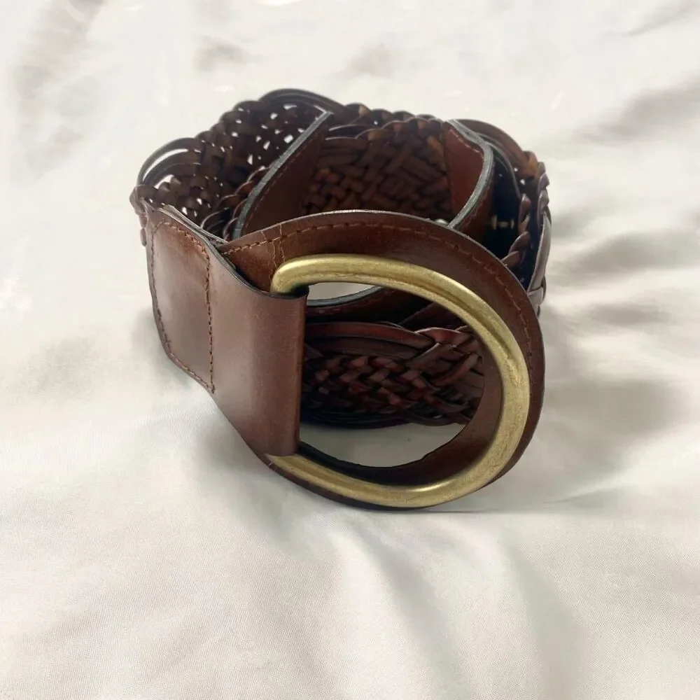 Chunky Wide Boho Braided Brown Leather Waist Belt Brassy Gold Clasp 50